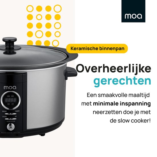 Mijoteuse MOA avec minuterie - 6,5L - Ø 24,5cm - Cuve intérieure en aluminium - Couvercle transparent - 3 niveaux de température - Lavable au lave-vaisselle - Sans BPA - acier inoxydable