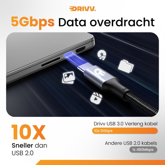 Drivv. Premium USB Extension Cable 3.0 - Male to Female - USB Data Cable - Fast Transfer - 5Gbps - Nylon - 5 Metres - Black