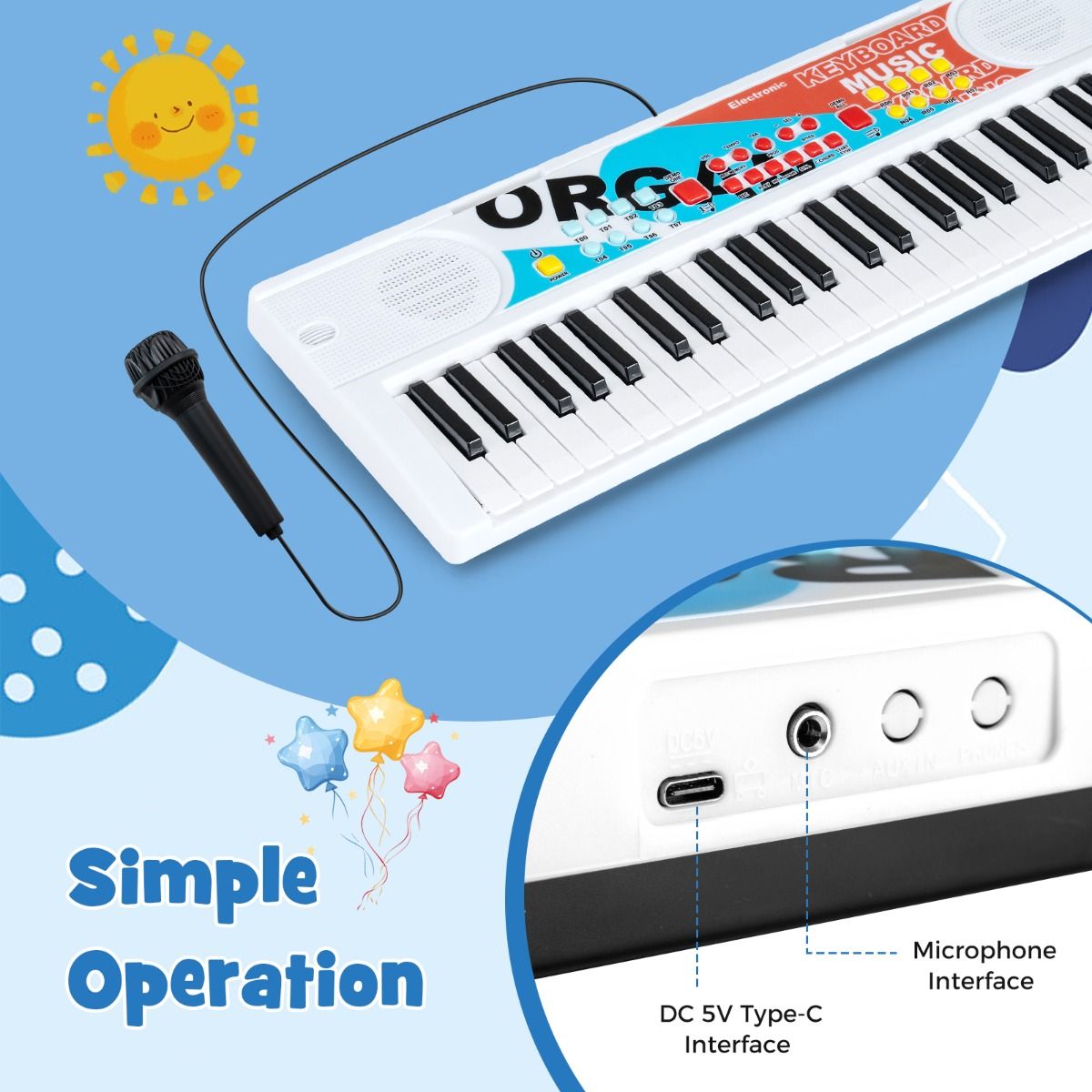 Clavier pour enfants Coast - 49 touches - clavier électrique portable - 8 rythmes - blanc