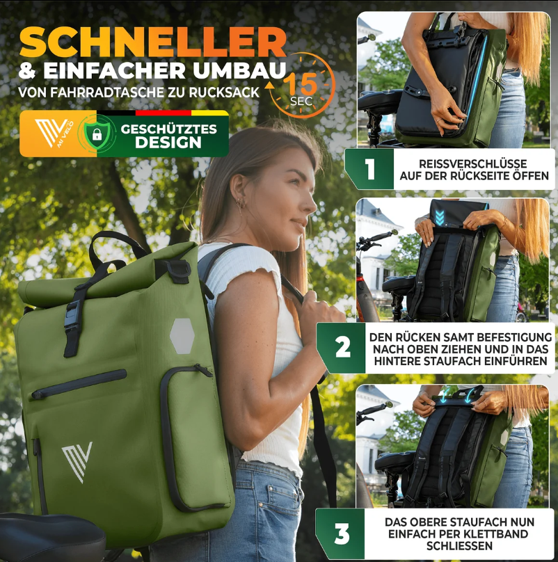 Sac à dos pour vélo MiVelo EVO - 25 L - 100 % imperméable - 3 en 1 - Compartiment pour ordinateur portable - 60 x 30 x 15 cm