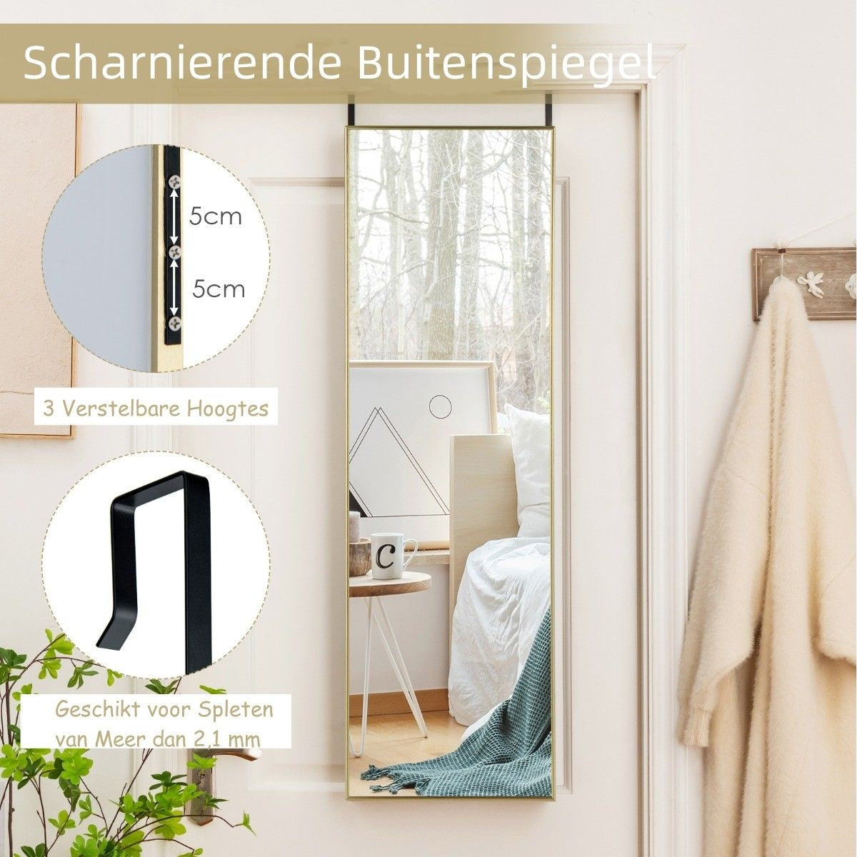 Coast 37 x 120 cm Miroir mural à hauteur d'homme avec crochets réglables en hauteur Miroir mural Golden
