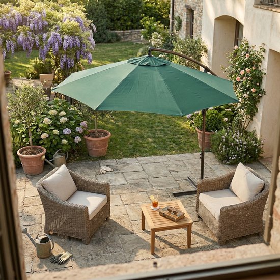 Parasol suspendu AXI Dion Ø 300 cm, aspect chêne/vert – Armature thermolaquée avec pied en croix