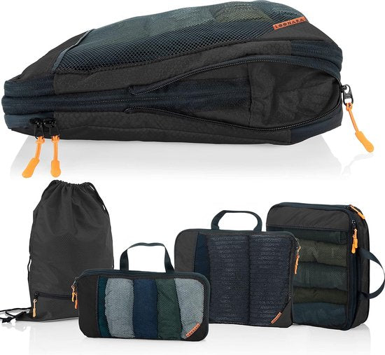 Cubes d'emballage avec compression pour la valise et le sac à dos, sac de transport inclus, noir