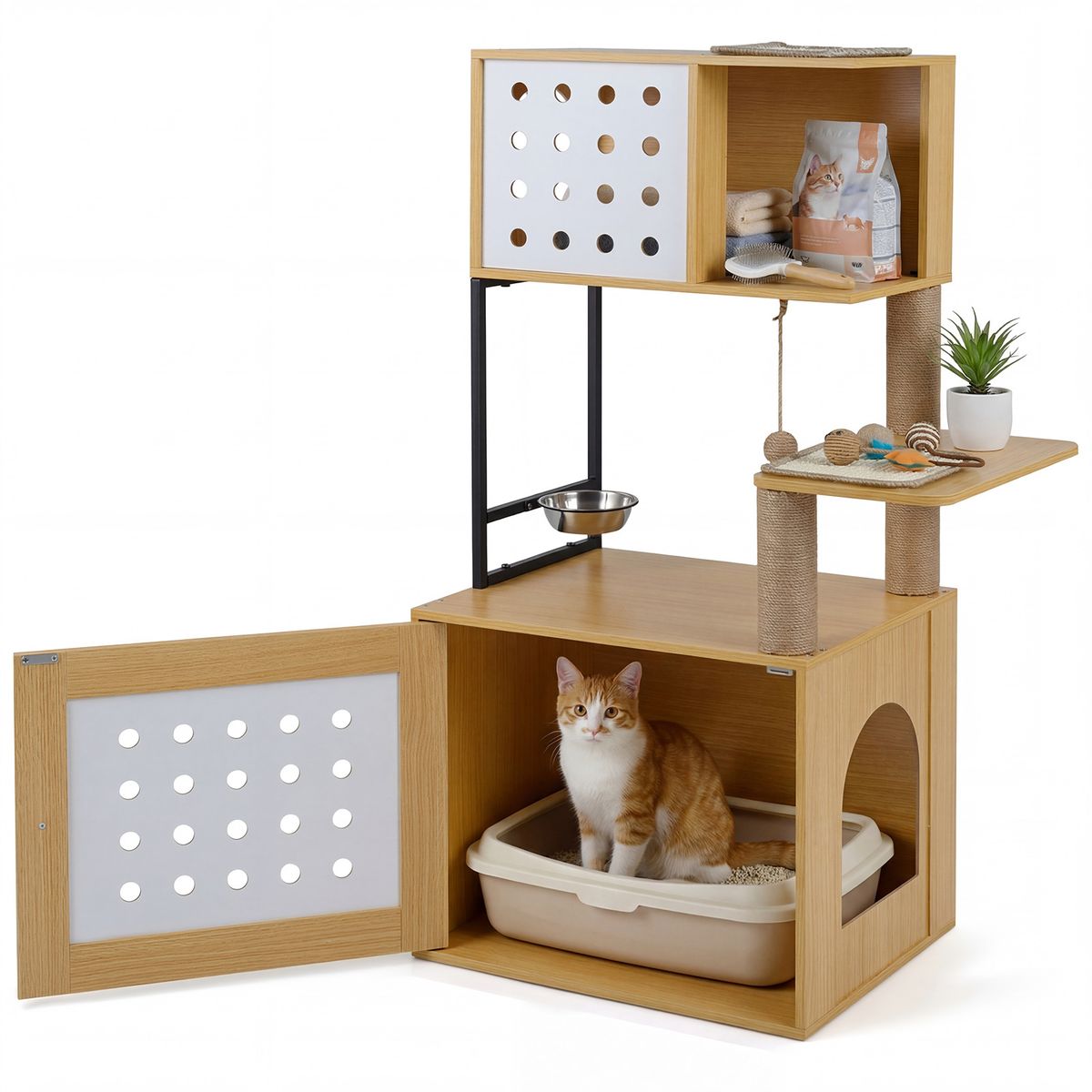 Arbre à chat Coast avec bac à litière intégré - arbre à chat à plusieurs étages - couleur naturelle - 117,5 cm