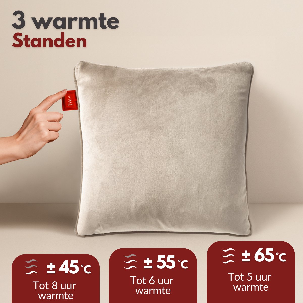 Coozie Rechargeable Heat Pillow 45x45 cm - Sans fil et filaire - 3 niveaux de chaleur (45-65°C) - Velvet Beige - 10 000 mAh Powerbank inclus