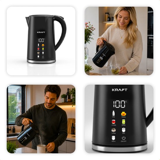 Bouilloire électrique KRAFT avec réglage de la température - 1,7 litre - Écran tactile LED - Noir - 2 200 W