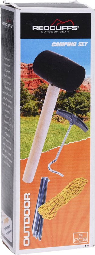 Kit de camping 9 pièces - Marteau - Piquets - Corde - Tire-piquet - Camping - Métal