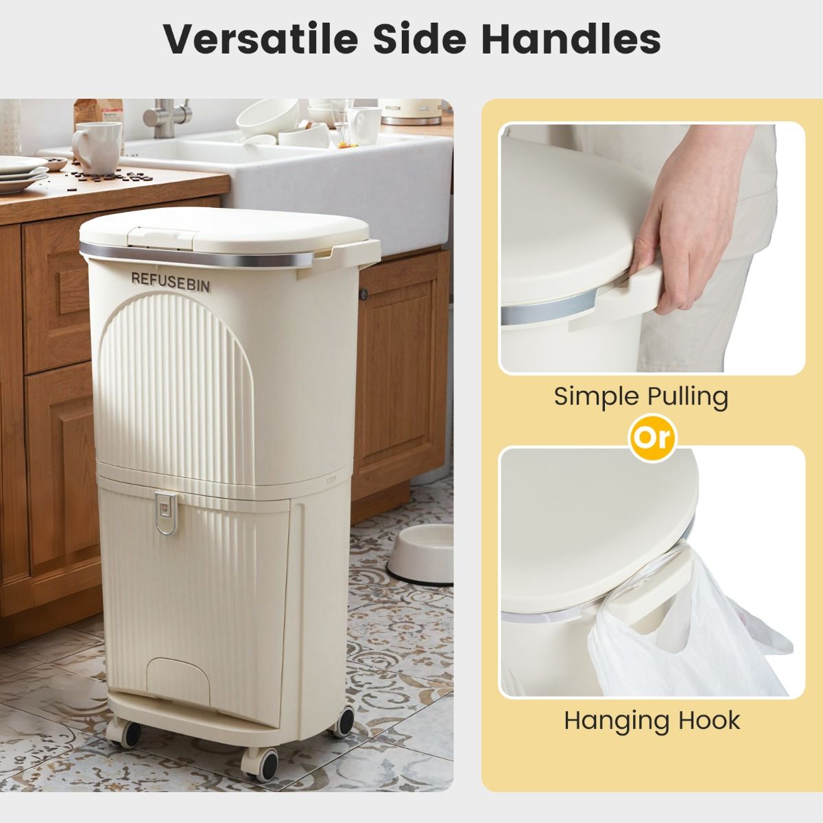 Poubelle de tri sélectif Coast sur roulettes - 3 compartiments - Pédale et bouton-poussoir - Beige - 38 litres