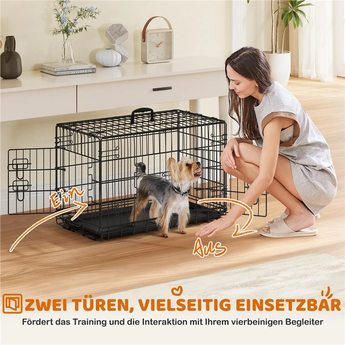 Yaheetech Banc pliable pour chien - 76 x 45 x 51 cm - Avec cloison et plaque de fond amovible et double porte - Pour petits chiens - Métal noir et plastique