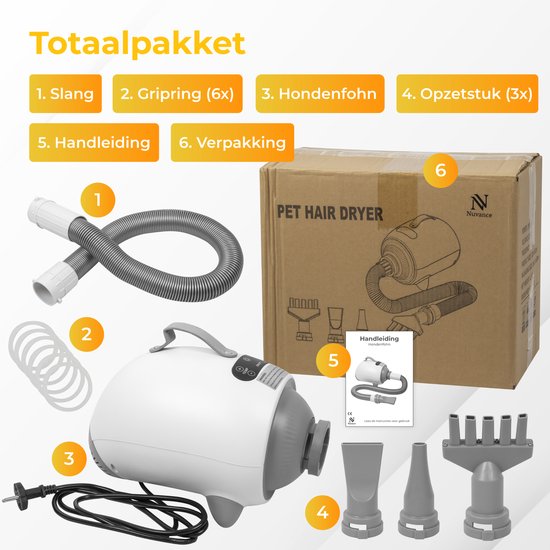 Nuvance - Sèche-cheveux pour chien - Soufflerie d'eau pour chien - 2100W - avec 3 accessoires - Sèche-cheveux pour chien - Soufflerie d'eau pour chien - Puissance réglable - Fourneau pour chien - Blanc