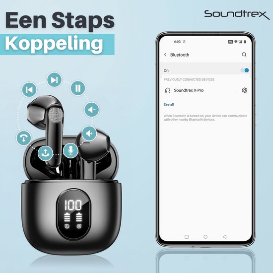 Soundtrex X-Pro Wireless Earphones - Ecouteurs Bluetooth - Earpods sans fil - Ecran LED - Bluetooth 5.3 - Noir