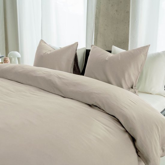Housse de couette Kayori Saya en satin de coton - 140 x 200-220 + 1 taie d'oreiller - Lit simple - Coton biologique - Beige