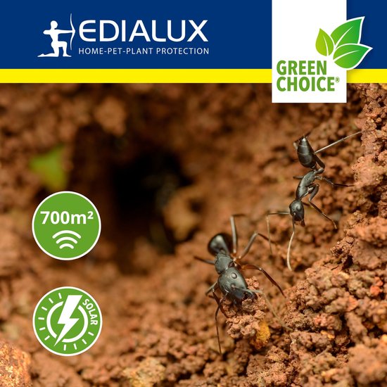 Edialux Sonic Defend Mieren Solar, répulsif anti-fourmis à énergie solaire, protège votre jardin contre les fourmis grâce à des vibrations et des signaux sonores ; sans danger pour les animaux domestiques et les organismes vivant sous terre ; surface maxi