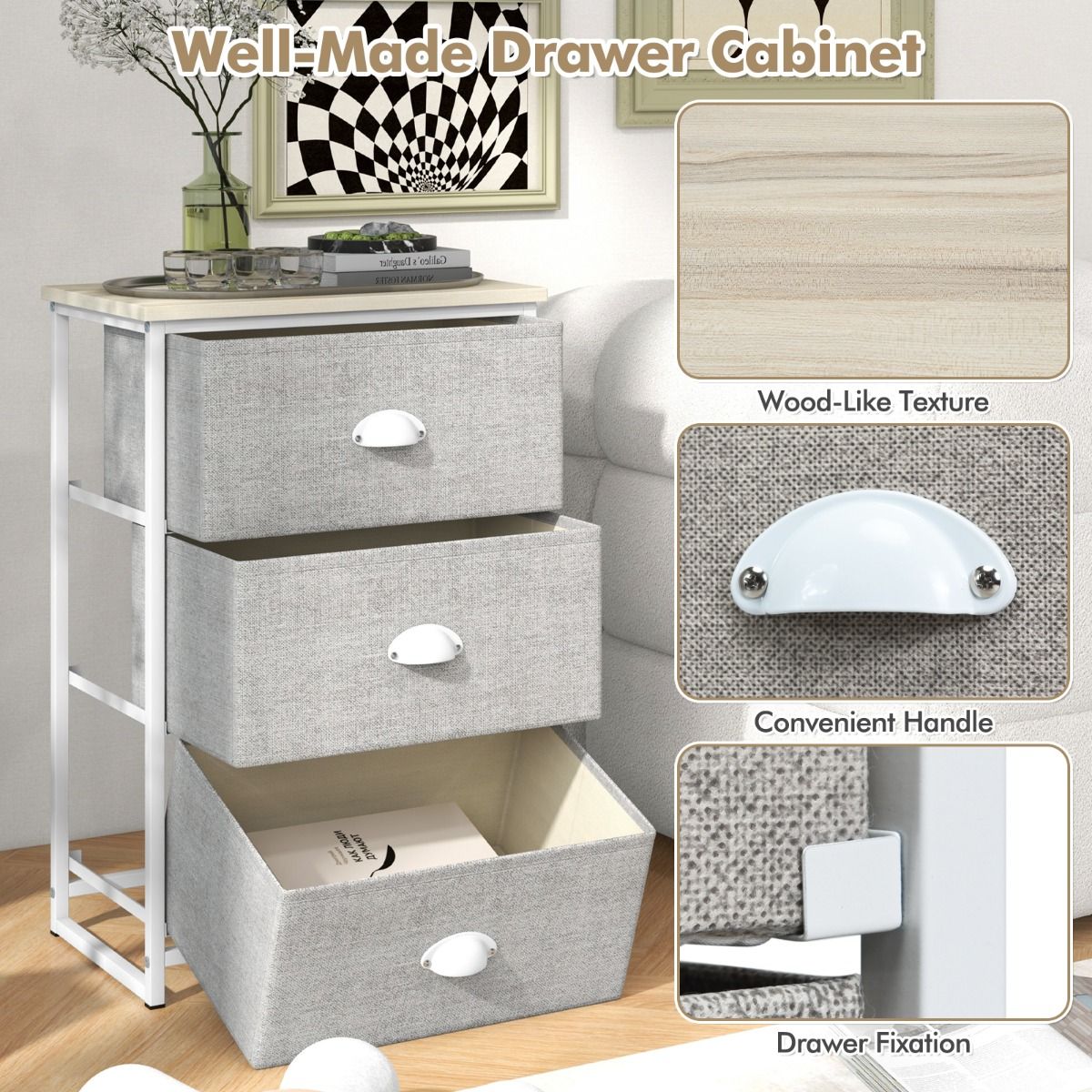 Commode Coast à 3 tiroirs - Meuble de rangement avec tiroirs rabattables - Structure métallique - Blanc et gris clair