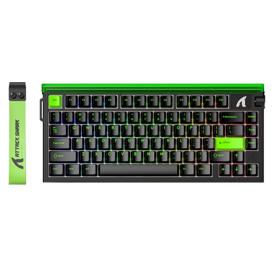 ATTACK SHARK R85HE - Clavier gaming filaire à commutateurs magnétiques - 79 touches - Bande lumineuse RGB - Lanière décorative - Bouton de volume - Touches en PBT - 8 kHz - Temps de réponse de 0,005 mm - Temps de réponse de 0,08 ms - Vert néon