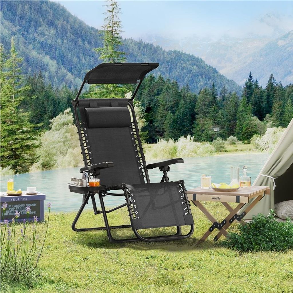 Chaise longue Yaheetech Zero Gravity - Pliable, avec pare-soleil et porte-gobelet - Noir - 166 x 64 x 70 cm