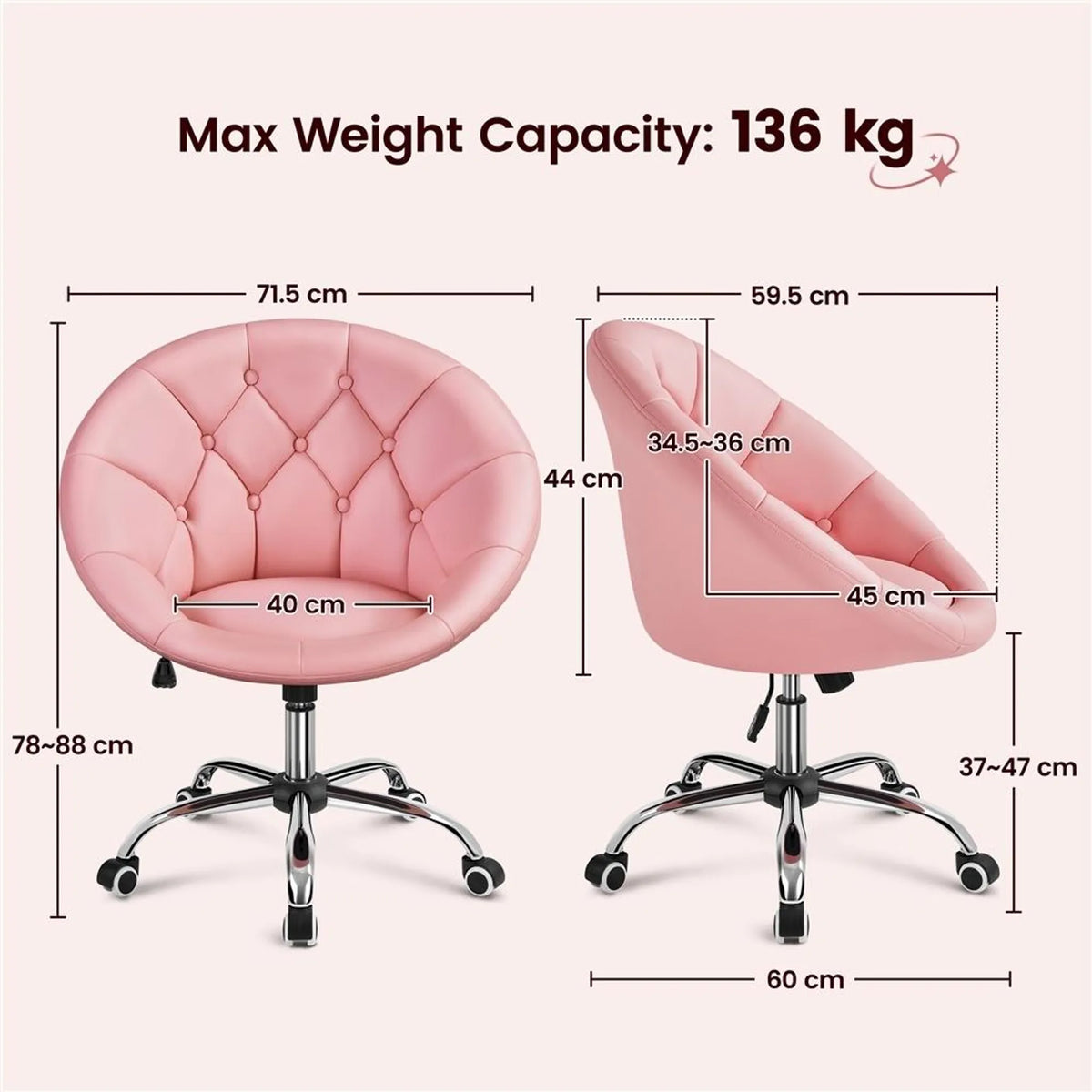 Yaheetech : fauteuil pivotant confortable de forme tonneau, 78-88 cm – rose élégant – similicuir et métal