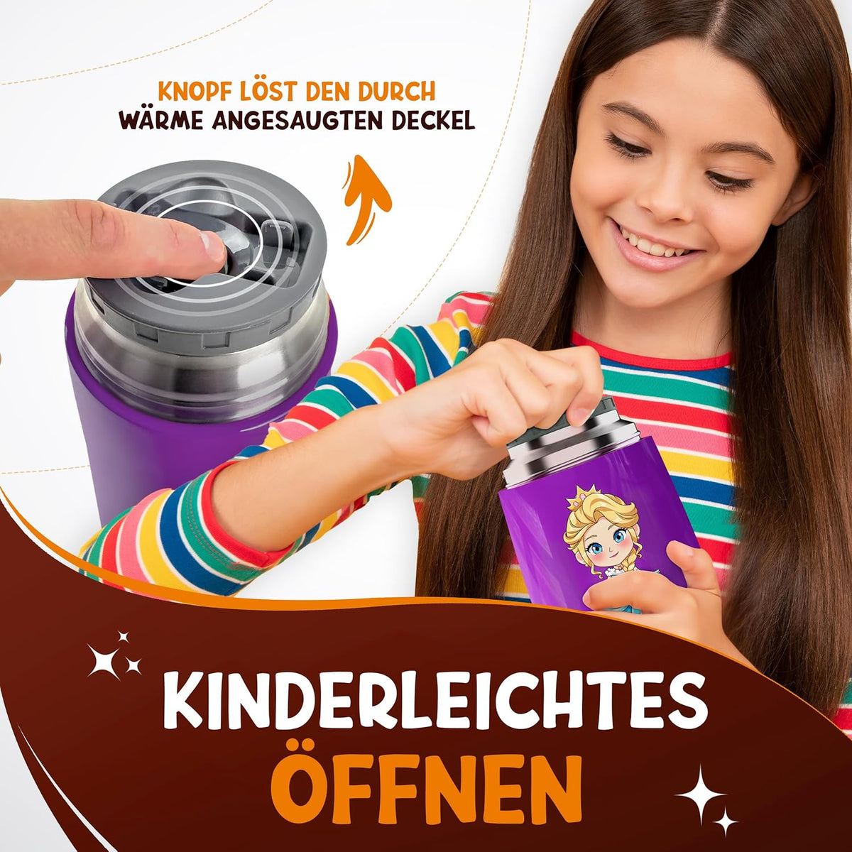 Funkelfuchs® gobelet thermos pour aliments pour bébés - 500ml, princesse mauve - 100% étanche - tasse chaude en acier inoxydable - tasse thermique - boîte à lunch thermique - aliments pour bébés