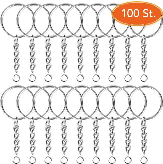 Porte-clés avec chaîne - 100 anneaux fendus pour porte-clés en acier inoxydable - Ensemble d'anneaux fendus pour pendentifs de clés - 25 mm - 100 pièces - Comprend un anneau de clé avec une maison