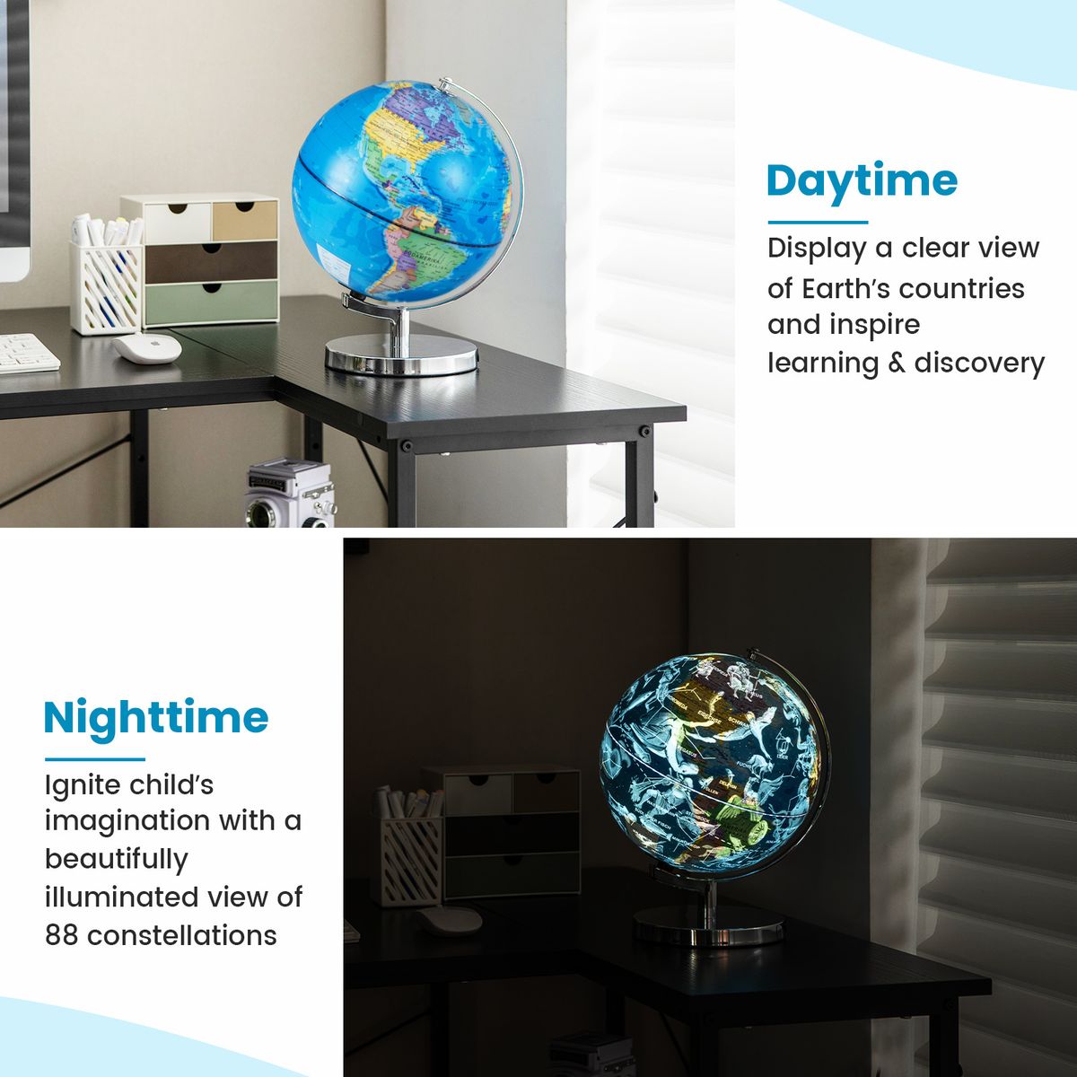 Globe terrestre lumineux Coast - avec les constellations - socle en métal - bleu - 23 cm
