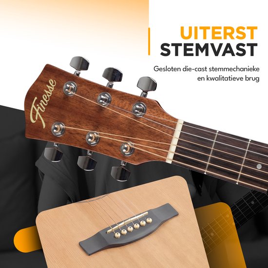 Guitare acoustique Finesse Premium - avec cours vidéo - 4/4 41" - Épicéa massif - Guitare western - Guitare pour enfants et adultes - Naturel