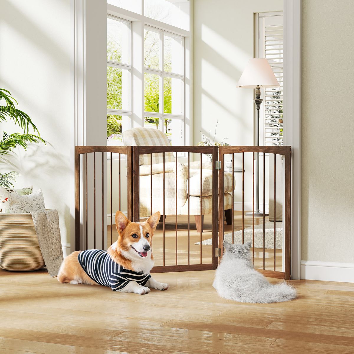 Barrière de sécurité pour chiens Coast - Barrière de protection pliable en 3 parties - autonome - marron 159 x 76 cm