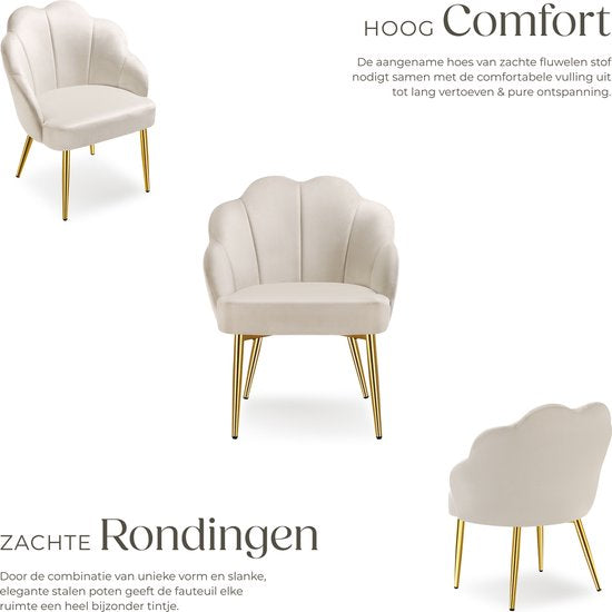tectake® Chaise cocktail - Revêtement en velours - Rembourrage souple - Dossier incurvé - Pieds en acier revêtus de poudre - Crème/Dorée
