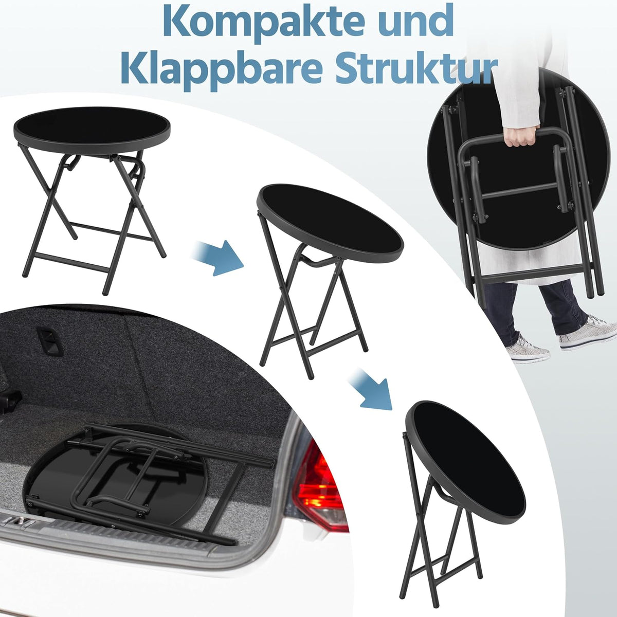 Yaheetech Table pliante ronde Ø 46 cm – verre noir et métal, résistante aux intempéries