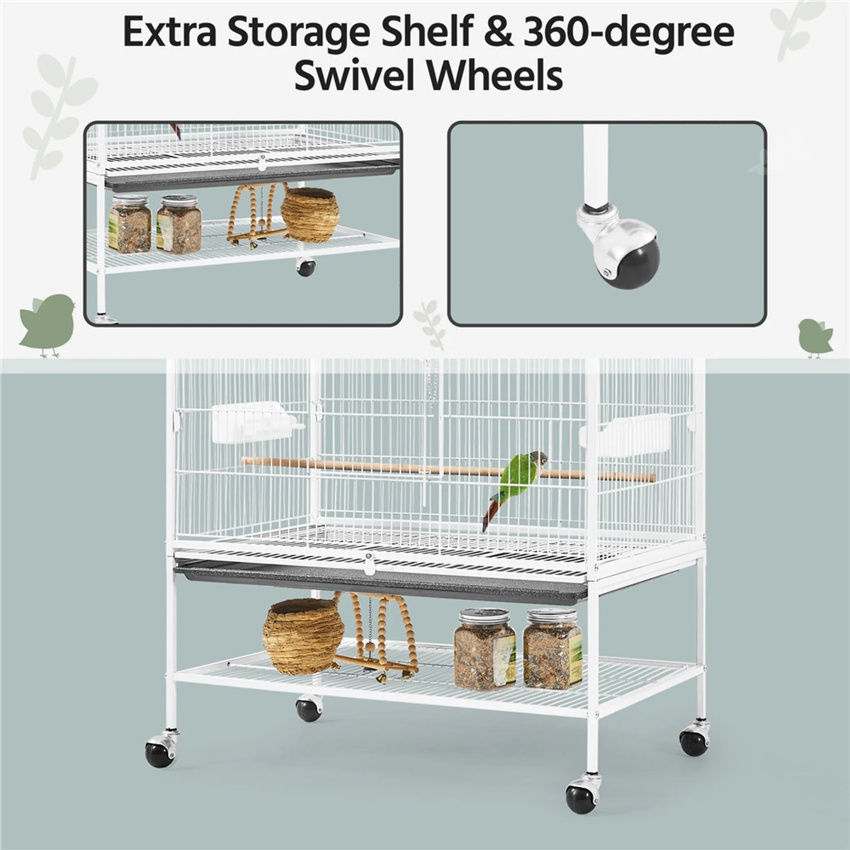 Yaheetech XXL Bird Cage With 360° Swivel Wheels - Fitted With Lower Storage Shelf And Three Perches And Secure Lock - For Parrots And Cockatoos - White Metal - 79 x 52 x 132 cm