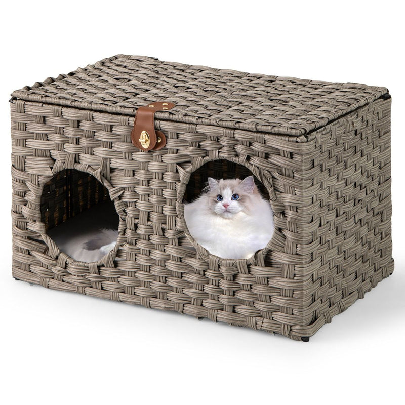 Coast Maison pour chat en osier - panier pliable pour chat - coussin amovible - couvercle verrouillable - 60 x 35 x 35 cm