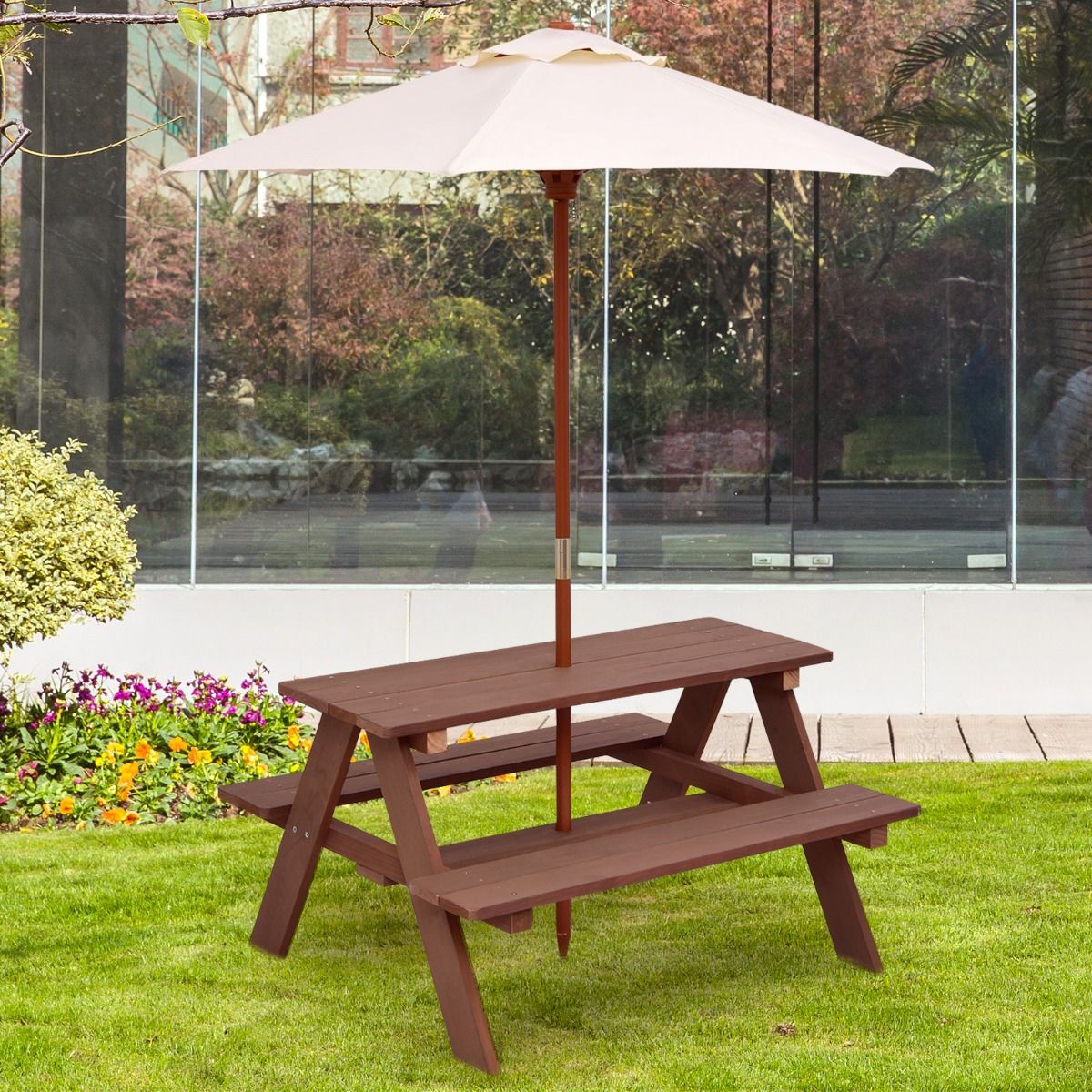 Table de pique-nique pour enfants Coast - Table d'extérieur 3-en-1 avec parasol amovible - bancs en bois - couleur noyer