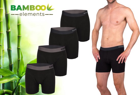 Bamboo Elements - Boxers pour hommes - Bambou - Lot de 4 - Noir - Sous-vêtements pour hommes - Sous-vêtements masculins - Boxers - Boxers en bambou pour hommes