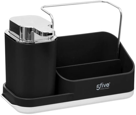 5Five Distributeur de savon avec rangement pour plan de travail de cuisine - noir - 3 compartiments - plastique - 22 x 13 x 14 cm