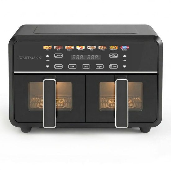 Friteuse à air chaud double XXL 11 L - Friteuse à air chaud sans PFAS - Infrarouge - Double zone - 2 x 5,5 L - 40–200 °C - 8 programmes de cuisson - 2 850 W - WM-2511 AF - Noir
