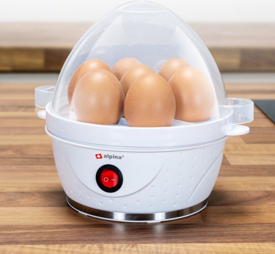 Chaudron à oeufs électrique alpina - Chaudron à oeufs pour 7 oeufs - avec gobelet de mesure, grille à oeufs et pique-oeufs - 230V - 320-380W - Signal d'avertissement - Antidérapant - Oeufs à la coque, moyens ou durs