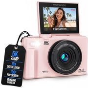 Appareil photo numérique Strex 5K 75 MP - Appareil photo - Appareil photo compact avec Wi-Fi - Appareil photo pour vlog - Appareil photo pour enfants - Zoom 18x - Écran orientable - Rose