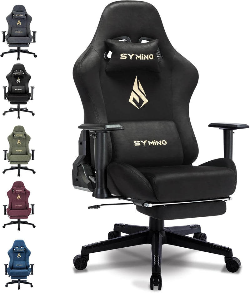 Fauteuil gaming Symino en tissu doux avec repose-pieds, noir