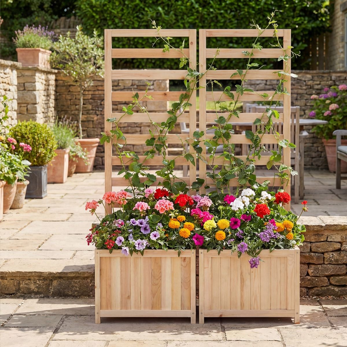 Jardinière surélevée en bois Coast avec treillis d'escalade - avec trous de drainage - panneaux réglables - couleur naturelle - 123 cm
