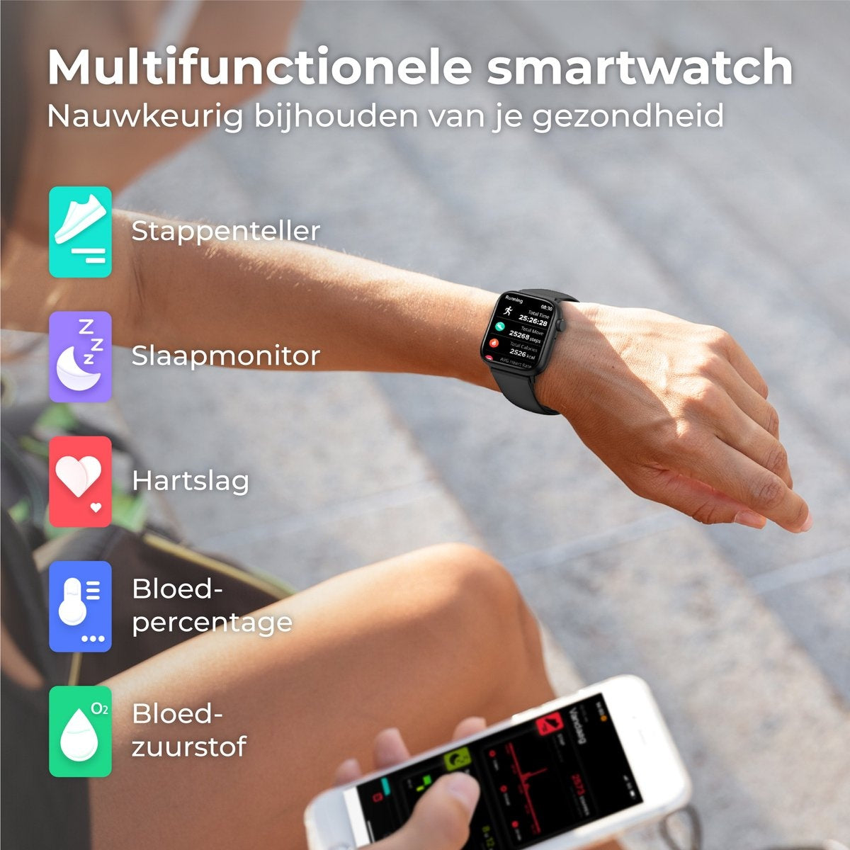 Nuvance - Smartwatch Homme et Femme - 45mm - pour iOS et Android - podomètre et moniteur de fréquence cardiaque - étanche - noir
