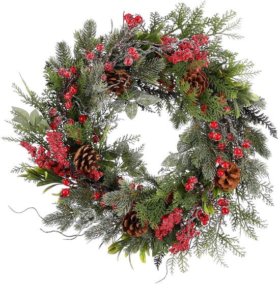 Mica Decorations Couronne de Noël Randell - Décoration de Noël à effet enneigé - Couronne de porte facile à accrocher - Décoration avec des baies et des pommes de pin - Ø 50 cm - Rouge