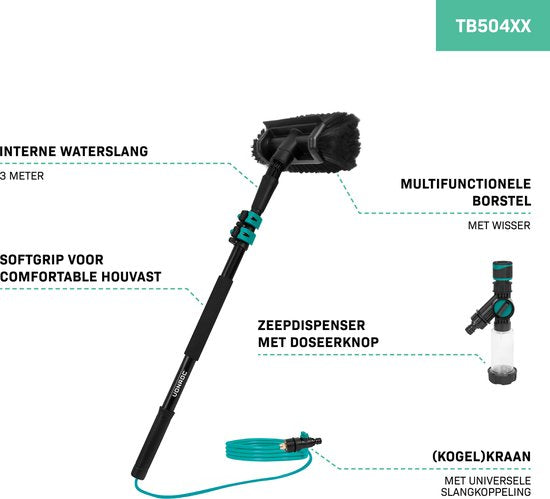 VONROC Brosse à laver télescopique - 1.80m - Tête de brosse, tuyau d'arrosage et distributeur de savon inclus