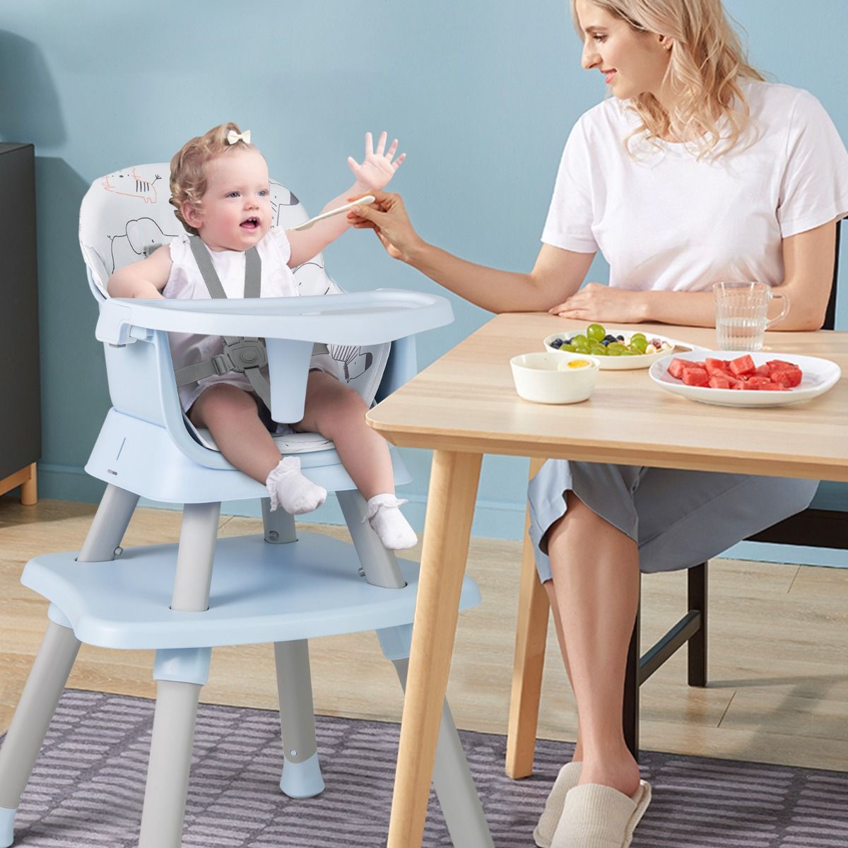 Chaise haute Coast 6-en-1 - Rehausseur et table à blocs de construction - Avec tabouret et harnais à 5 points - Gris clair