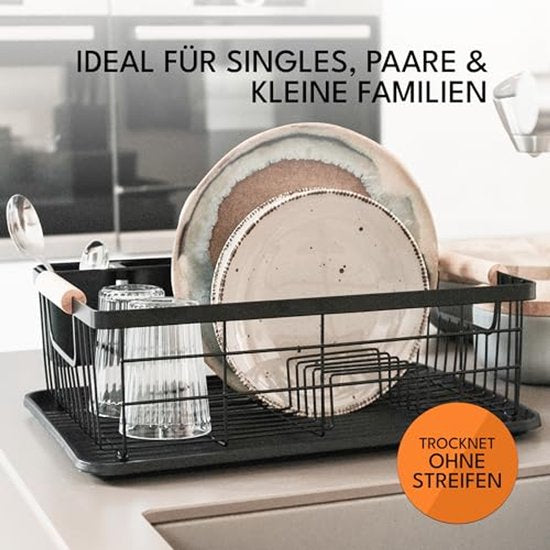 JOHSEATY porte-vaisselle avec poignée en bois - 42 x 32 cm, inoxydable avec porte-couverts, porte-vaisselle, porte-vaisselle, porte-vaisselle de cuisine, porte-vaisselle