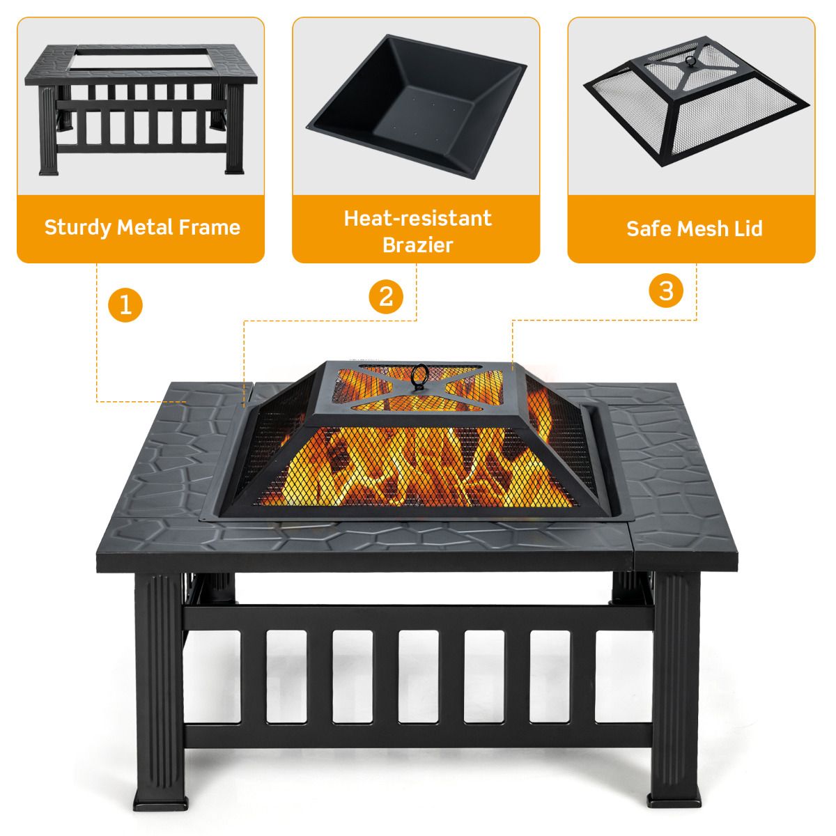 Foyer carré Coast - Table-foyer 3-en-1 - avec grille de barbecue et seau à glace - noir 81 x 81 x 50 cm