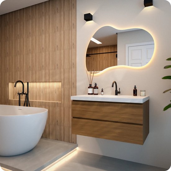 Miroir de salle de bains Mirlux avec éclairage LED et chauffage – Miroir mural asymétrique – Miroir de douche anti-buée – Sans cadre – 100 x 70 cm
