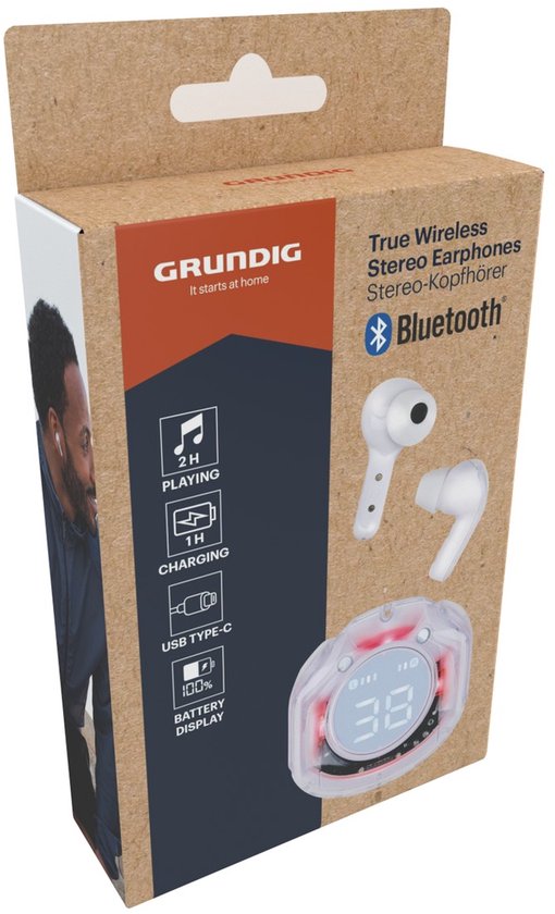 Grundig Earbuds TWS Transp. White - Écouteurs intra-auriculaires sans fil avec Bluetooth 5.4 - Audio haute résolution - Boîtier intelligent avec indicateur numérique de niveau de batterie - Plusieurs embouts - Transparent/Blanc