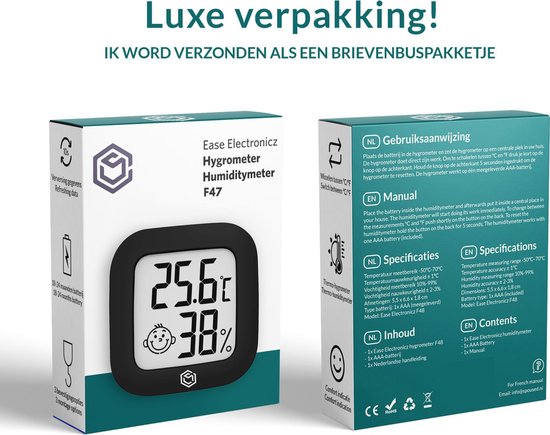 Ease Electronicz hygromètre - Station météo - Humidimètre - Thermomètre d'intérieur - Pile et bande adhésive incluses