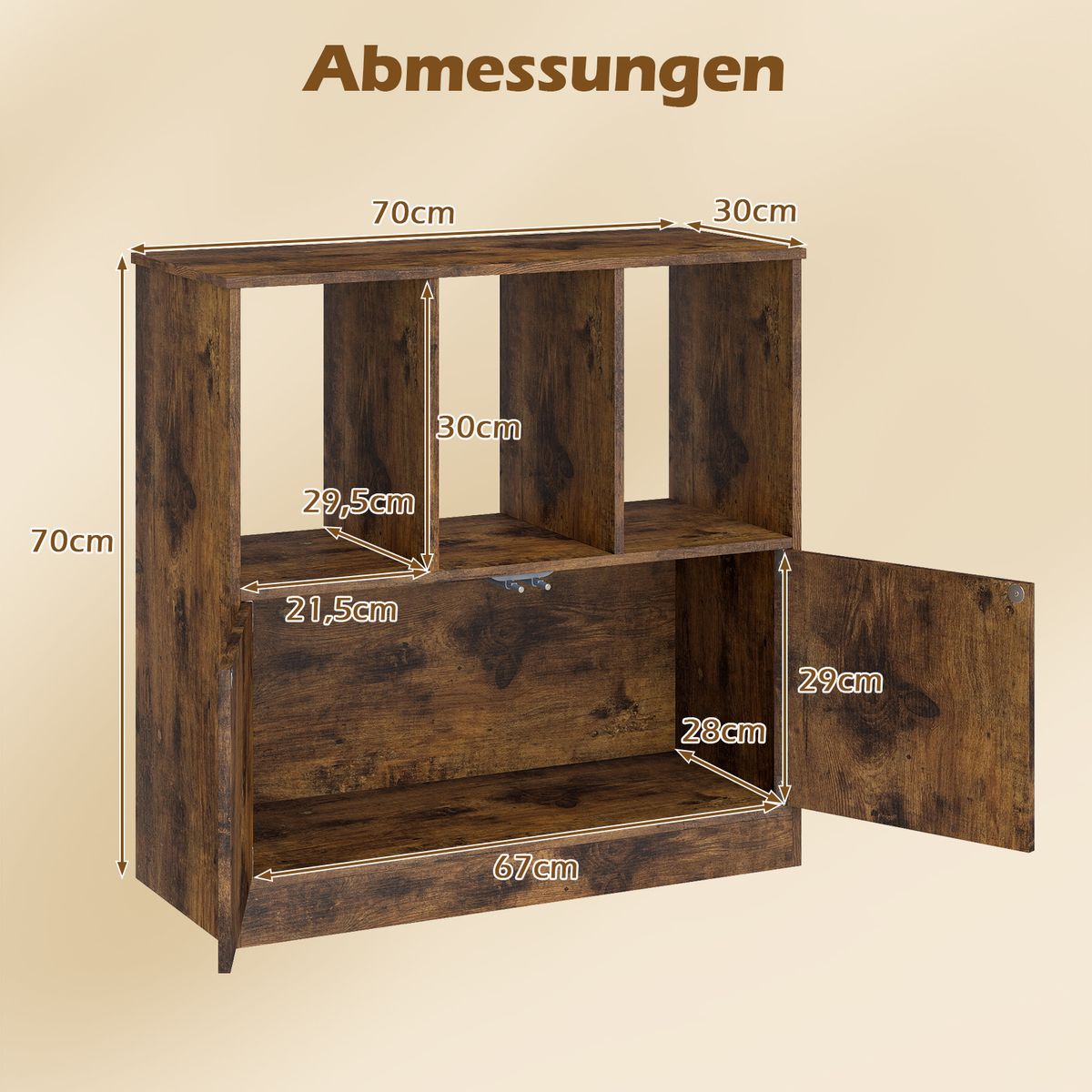Bibliothèque Coast avec 3 compartiments ouverts et 2 portes - design moderne - marron - 70 x 30 x 70 cm