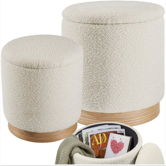 tectake® - Lot de 2 tabourets avec rangement - tissu bouclé teddy - Scandi - Tabouret rembourré rond - Pour table de maquillage, chambre, salon - 2 tailles (38 et 32cm)