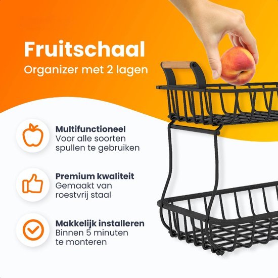 Posity Fruit Bowl 2 Layer - Fruit Basket - Fruit Etagere - Vegetable Basket - Wire Basket - Fruit Rack - Wood & Metal - Black